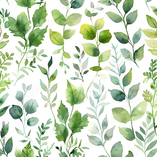 A beautiful seamless pattern featuring green leaves of various plants such as shrubs, grasses, and groundcovers on a crisp white background, creating a stunning botanical artwork