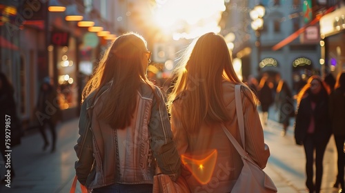 two girls walking city. shopping and use communications