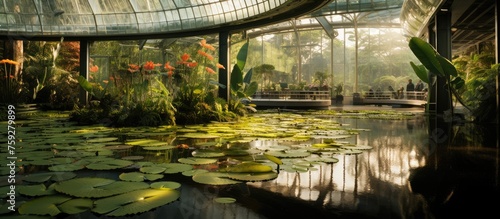 Interior of glasshouse with roof reflected in pond with lily pads.