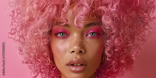 A close-up shot showcasing a african american person with vibrant pink hair, highlighting the unique and colorful hairstyle.