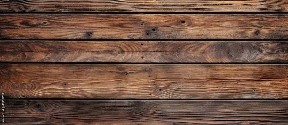 Fototapeta premium A closeup of a brown hardwood wall featuring a row of rectangular wooden planks with a beautiful wood stain. The pattern of the plank flooring adds a touch of rustic charm to the room