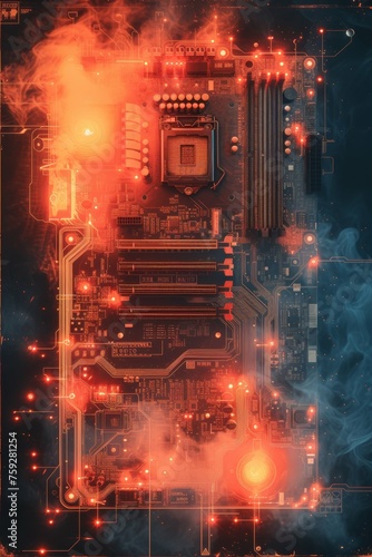 An illuminated motherboard aglow with fiery lights and smoke