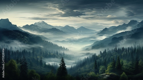 Evening dense foggy forest with high mountains in distance. Mysterious and atmospheric forest landscape. Generative AI