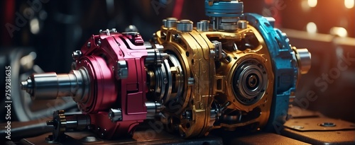 Highly detailed mechanical engine components stand out with a pop of color against a dark backdrop photo