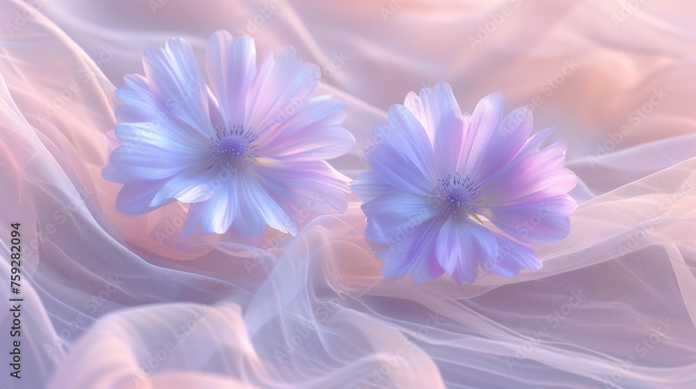 a couple of blue flowers sitting on top of a pink cloth covered bed next to a white pillow on top of a bed. a couple of blue flowers sitting on top of a pink cloth covered bed next to a white pillow on top of a bed.