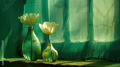 a couple of green vases sitting on top of a window sill next to a window covered in curtains. photo