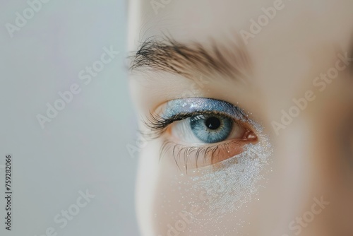 A close-up photo of a womans eye showcasing blue glitter applied to the eyelid,