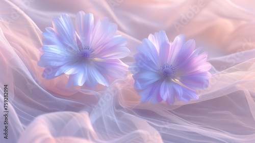 a couple of blue flowers sitting on top of a pink cloth covered bed next to a white pillow on top of a bed.
