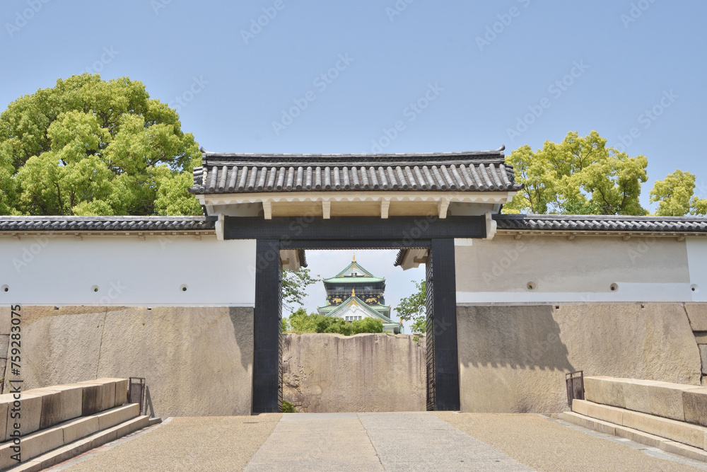 大阪城の桜門と天守閣 大阪城の桜門と天守閣