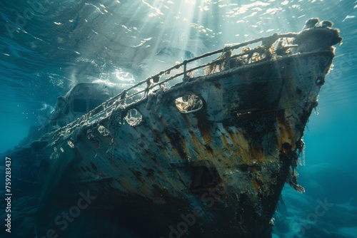 A shipwreck is seen in the ocean with a lot of debris and fish swimming around it. Scene is eerie and mysterious, as the ship is long gone and the ocean is filled with life