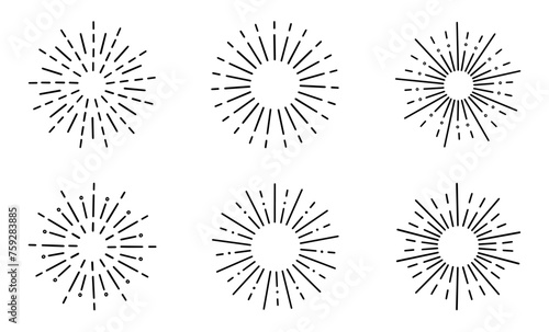 Fireworks, star burst doodle set. Festive fireckrackers, sunburst explosion, Sparkles in sketch style. Hand drawn vector illustration isolated on white background