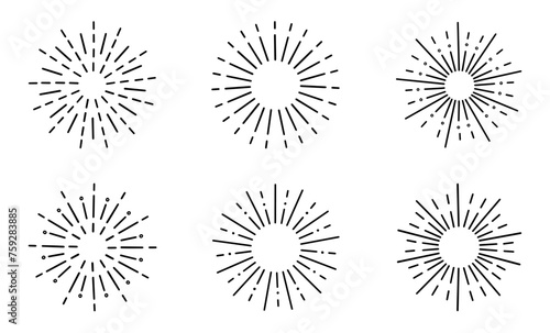 Fireworks, star burst doodle set.  Festive fireckrackers, sunburst explosion, Sparkles in sketch style. Hand drawn vector illustration isolated on white background
