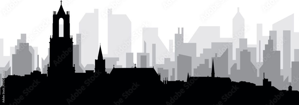 Black cityscape skyline panorama with gray misty city buildings background of UTRECHT, NETHERLANDS
