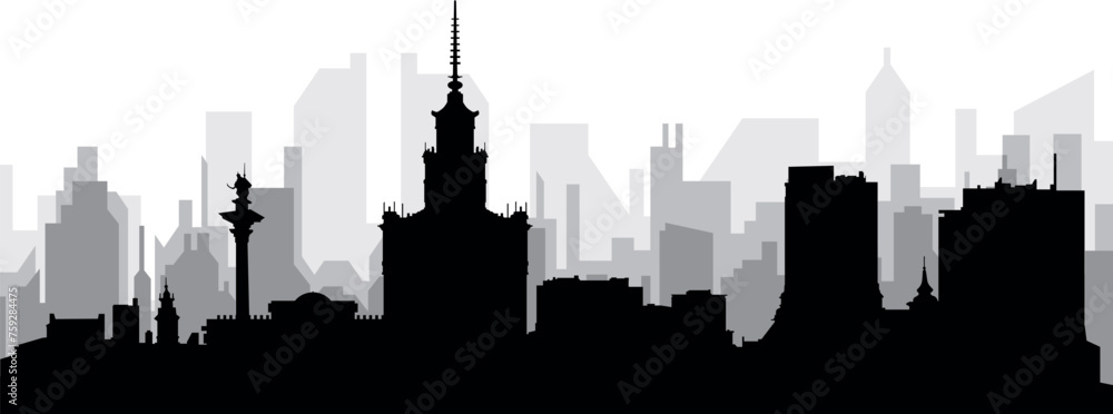 Black cityscape skyline panorama with gray misty city buildings background of WARSAW, POLAND Black cityscape skyline panorama with gray misty city buildings background of WARSAW, POLAND