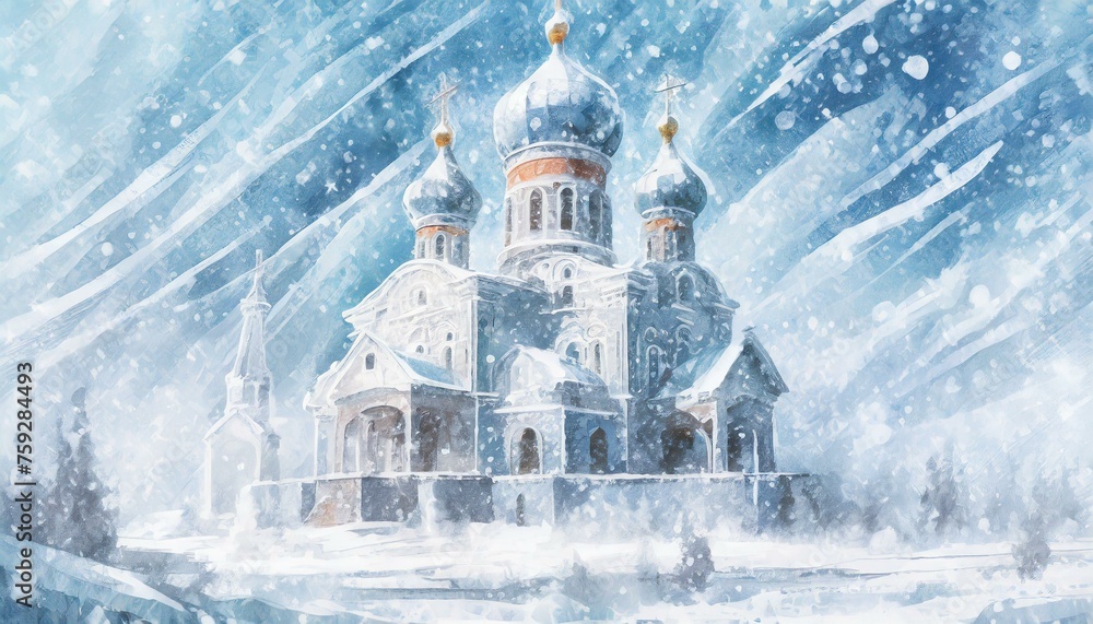 Fototapeta premium A huge orthodox church in a blizzard made of ice