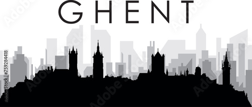 Black cityscape skyline panorama with gray misty city buildings background of GHENT  BELGIUM