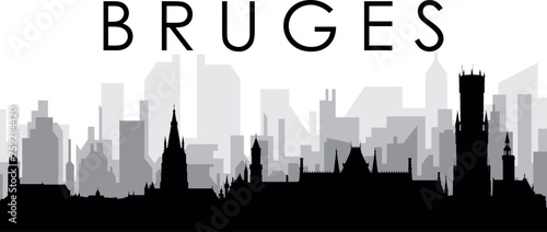 Black cityscape skyline panorama with gray misty city buildings background of BRUGES, BELGIUM