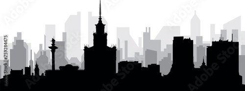 Black cityscape skyline panorama with gray misty city buildings background of WARSAW, POLAND