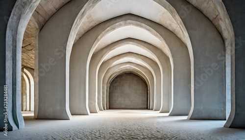 A vertical internal circular cylindre corridor with minimalist space, an ogive circular roof, white sand --no wall photo