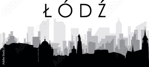 Black cityscape skyline panorama with gray misty city buildings background of LODZ, POLAND