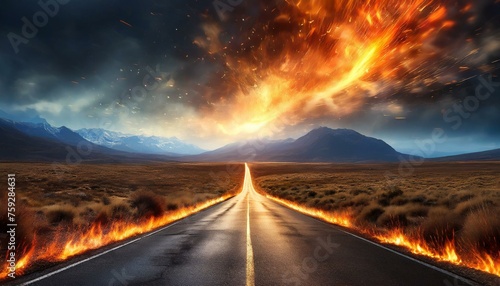 An asphalt road in the middle of nowhere with fire flame and spark effects © Micaela