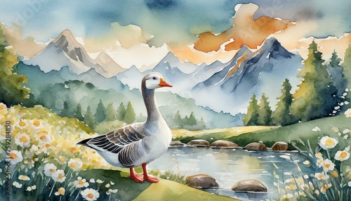 Watercolor seamless pattern with goose farm bird. Tender watercolor illustration on a isolated on background. Domestic white and gray watercolor cute farm bird. Hand drawn illustration farm birds 