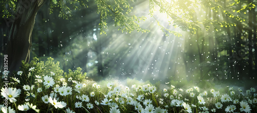 white flowers in the woods with sunshine photo