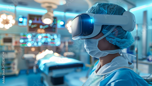A surgeon wearing virtual reality goggles prepares for surgery near the operating table