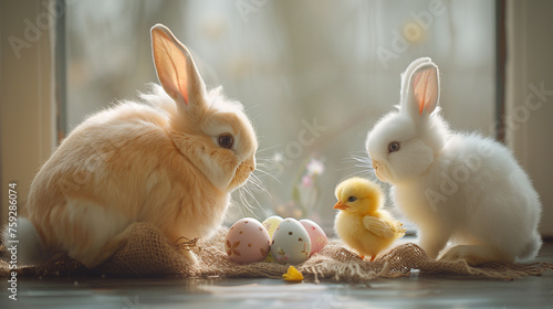 Easter Bunny with a baby chicken and easter eggs