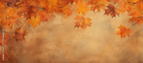 An art piece depicting autumn leaves in amber, orange, and brown hues against a natural landscape backdrop. Tints and shades of wood with sky in the background