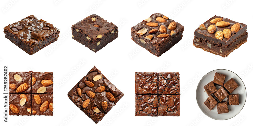 Almond brownie transparent collection in 3d png for product presentation. Almond brownie transparent collection in 3d png for product presentation.