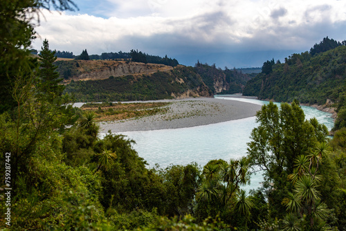 panorama of famous rakaia gorge with unique turquoise river, canterbury, new zealand south island photo