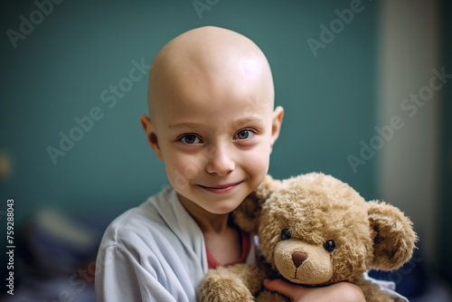 Healthcare, teddy bear and child cancer patient holding her toy for support or comfort. Medical, recovery and girl kid with leukemia standing after treatment or chemotherapy in a medicare hospital.