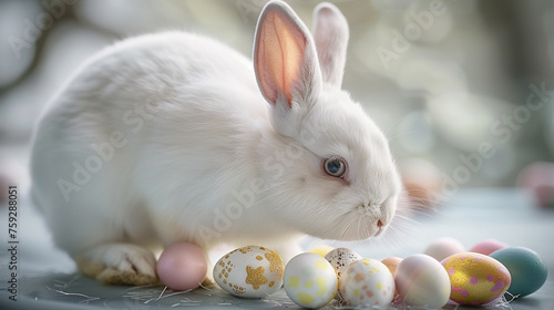 Cutre Easter Bunny looking Curiously at Easter Eggs photo