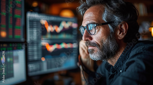 Male trader holding coffee cup while analyzing stock market data on multiple computers at night office