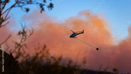 a dramatic picture of bush fires in Port Hills (Christchurch, Canterbury, New Zealand South Island) and firefighter helicopters carrying water to extinguish