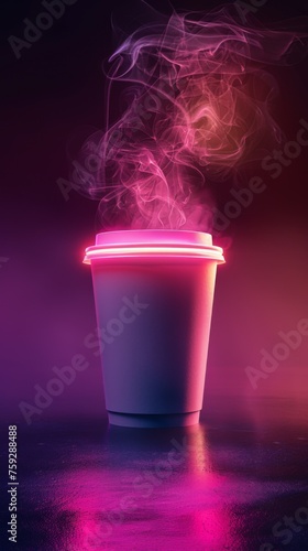 3D-rendered minimalist coffee cup with neon steam, space for text