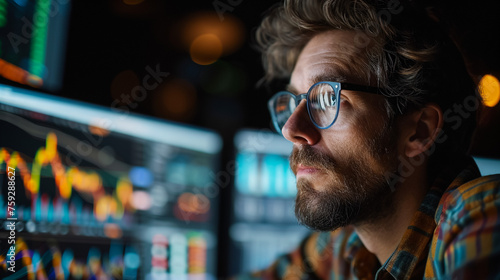 Male trader holding coffee cup while analyzing stock market data on multiple computers at night office