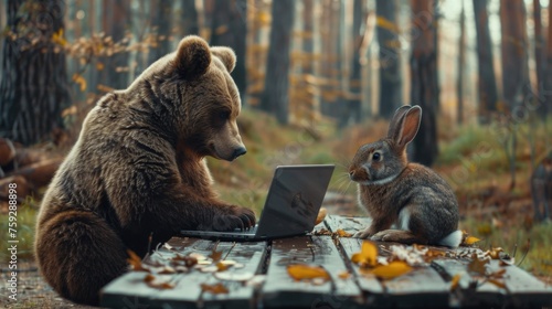 A bear and a rabbit sharing a laptop planning a joint venture photo