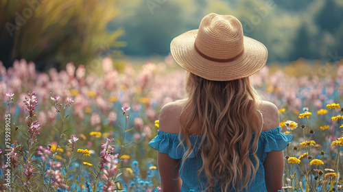 A woman wearing a straw hat standing in a field of wildflowers, facing away from the camera, with her hair cascading down her back