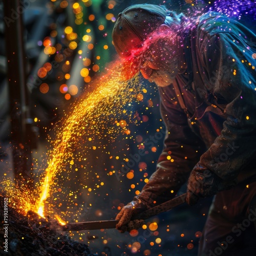 A blacksmith working metal, the forge aglow with a rainbow of fiery sparks--ar 1:1