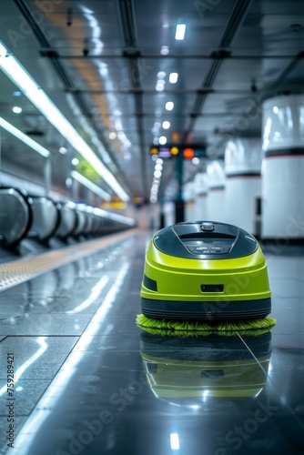 A cleaning robot with a lime green mop, sparkling floors in a futuristic station