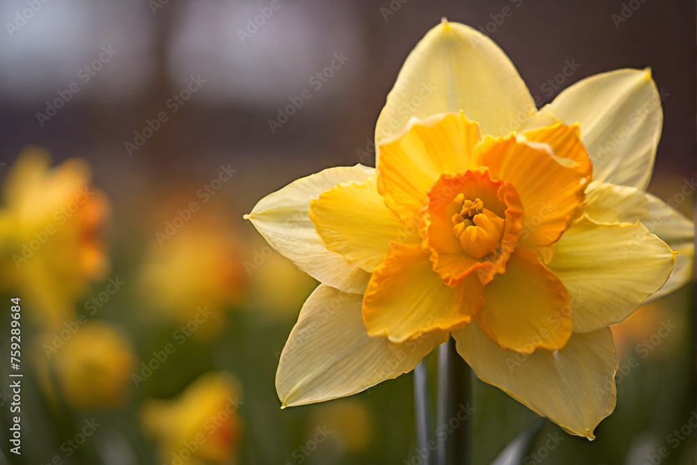 A single daffodil is in focus, surrounded by a bokeh of warm hues. A single daffodil is in focus, surrounded by a bokeh of warm hues.