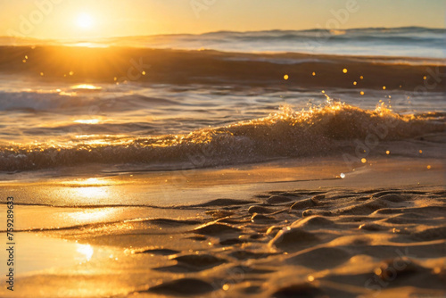A serene beach scene at sunrise  with golden sunlight casting a warm bokeh glow on the sand and waves.