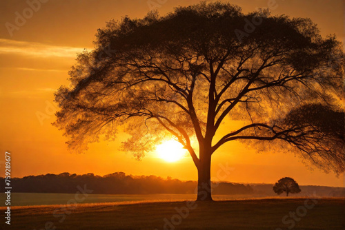 A silhouette of a tree against a warm, golden sunset sky, with bokeh lights creating a whimsical atmosphere.