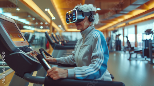 Elderly old woman in sportswear jogging on a treadmill wearing virtual reality goggles in a gymnasium photo