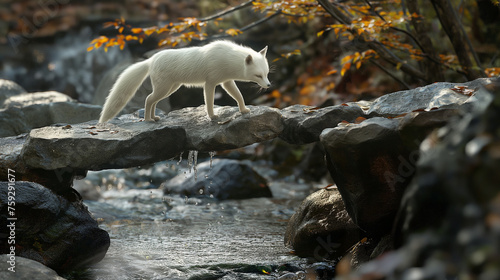 Raposa albina caminhando sobre uma ponte de pedras em um lago