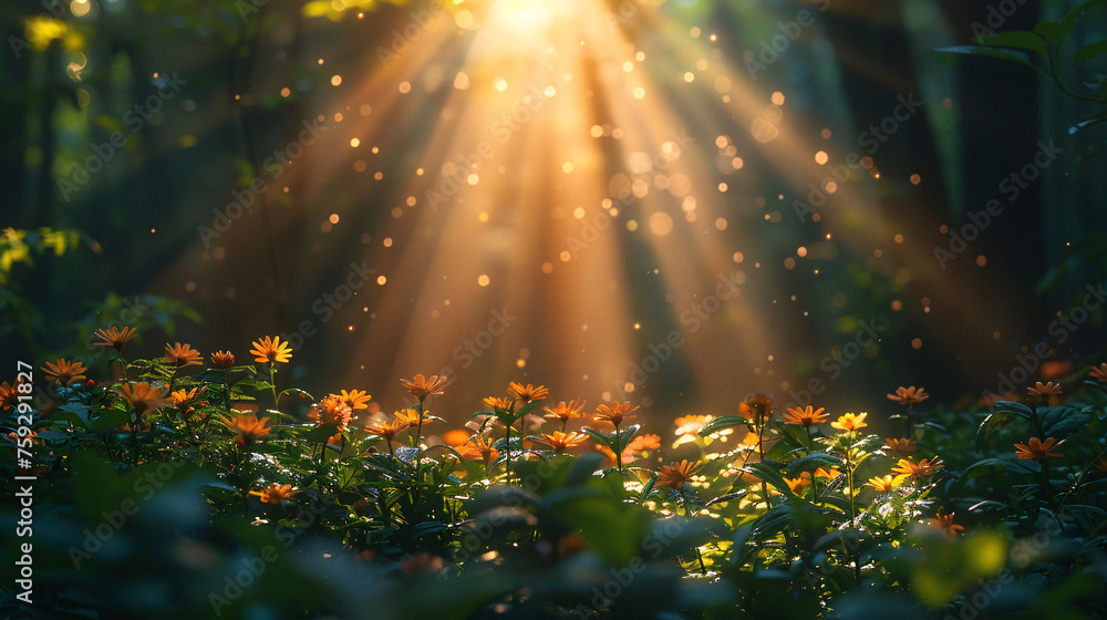 An outdoors scene of rays of sunlight piercing through a forest canopy onto a field of orange wildflowers