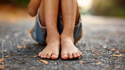 A person sitting on the ground with their bare feet up, AI