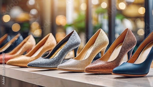 Fila de sapatos femininos á venda. Compras, Consumo, Mulheres, Loja.